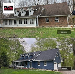 Before and after: a dormered home with a worn roof, shown after a full replacement in a dark architectural shingle with new blue siding