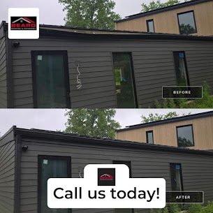 Before and after: damaged fascia and gutter on a modern dark-sided home, shown repaired and re-hung