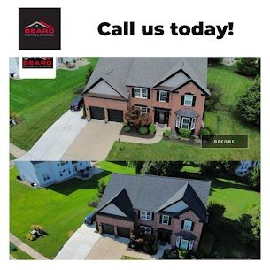 Before and after aerial view: a two-story brick home receiving a complete roof replacement in charcoal shingle